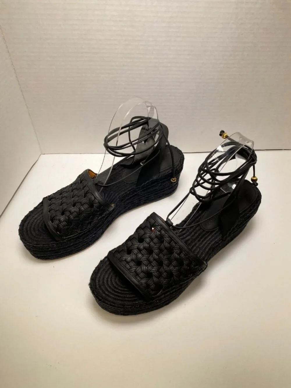 Tory Burch Women's Weave Strappy Lace up Black Espadrille Wedge Sz 11